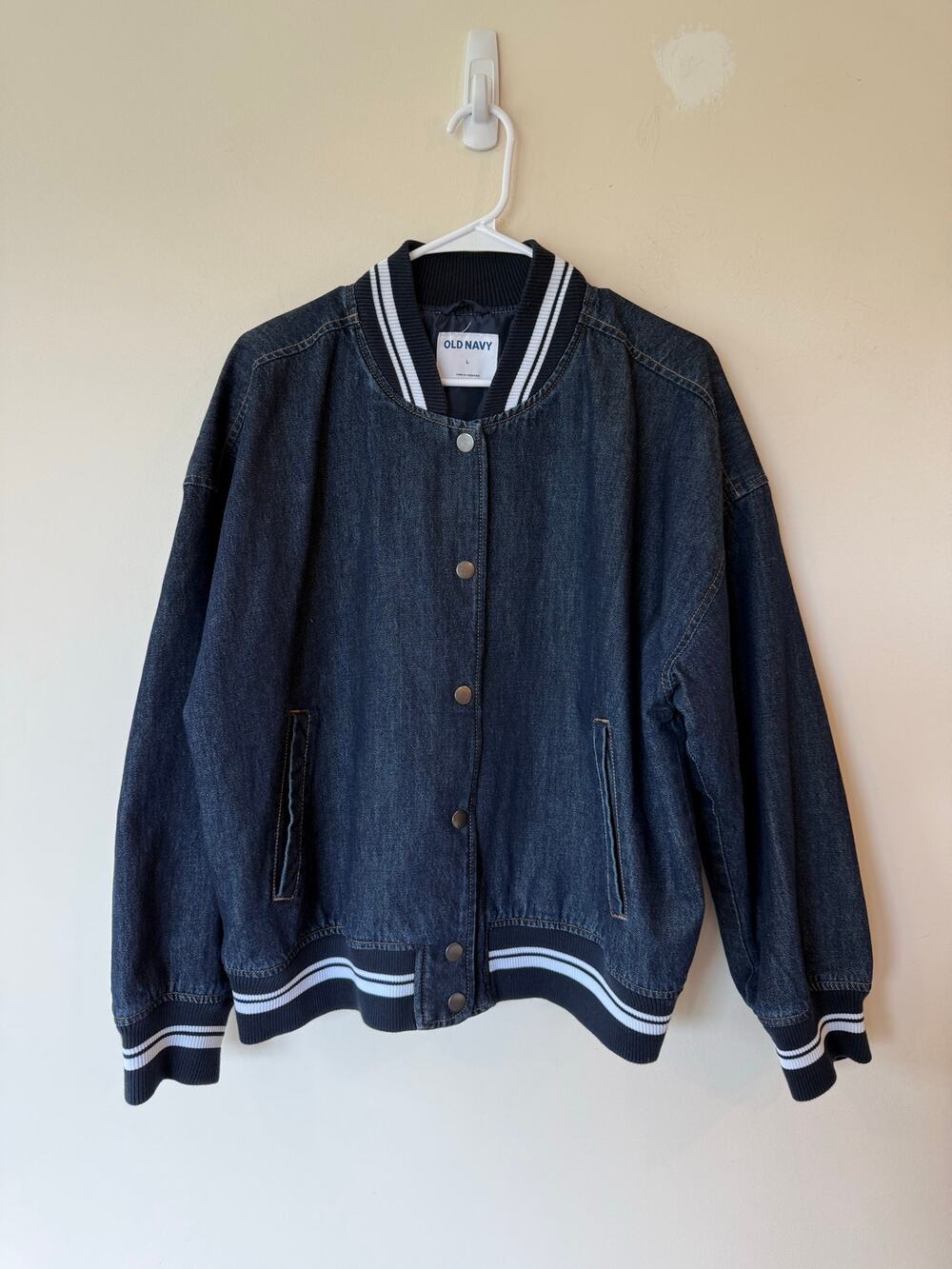 Old Navy Bomber Jacket Women's Size Large Blue Denim Long Sleeves Striped